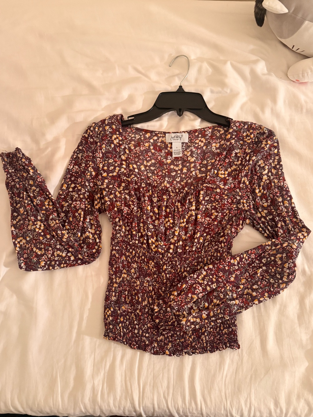 Floral Smocked Burgundy Long-Sleeve Blouse